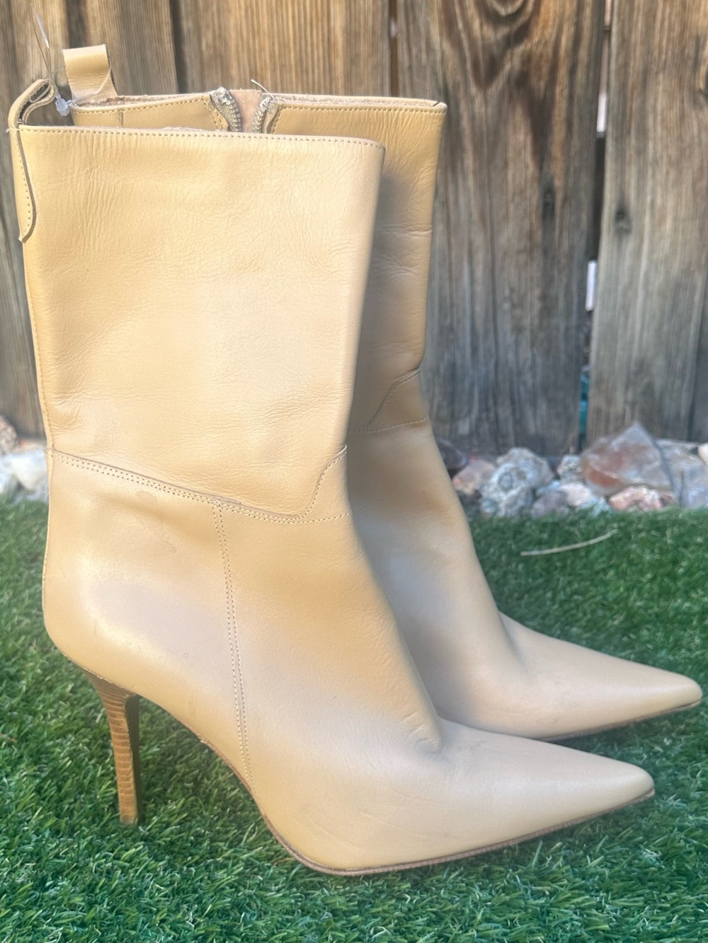 Charles David Tan Pointed-Toe Mid-Calf Leather Heeled Boots
